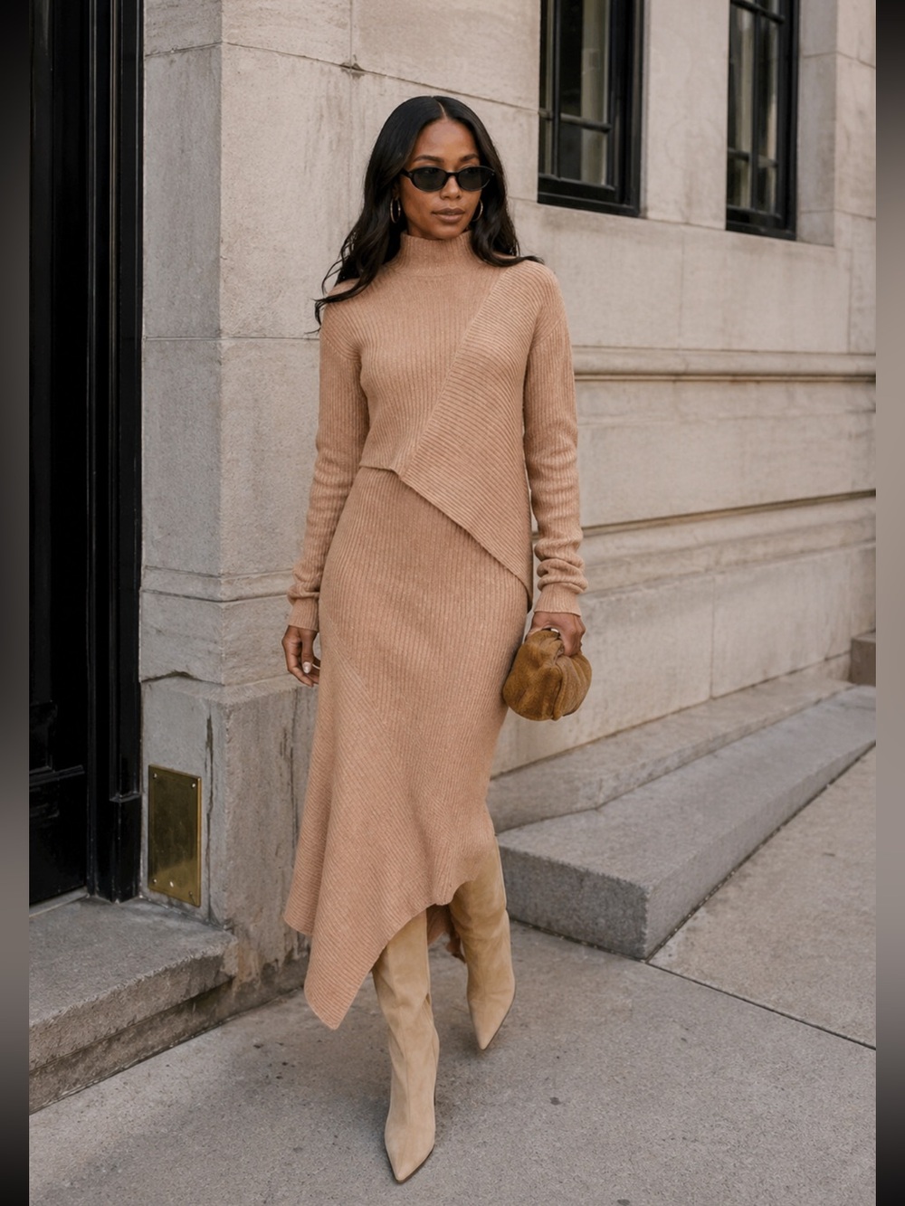 L’Academie Revolve Camel Knit Turtleneck Sweater Skirt Set M